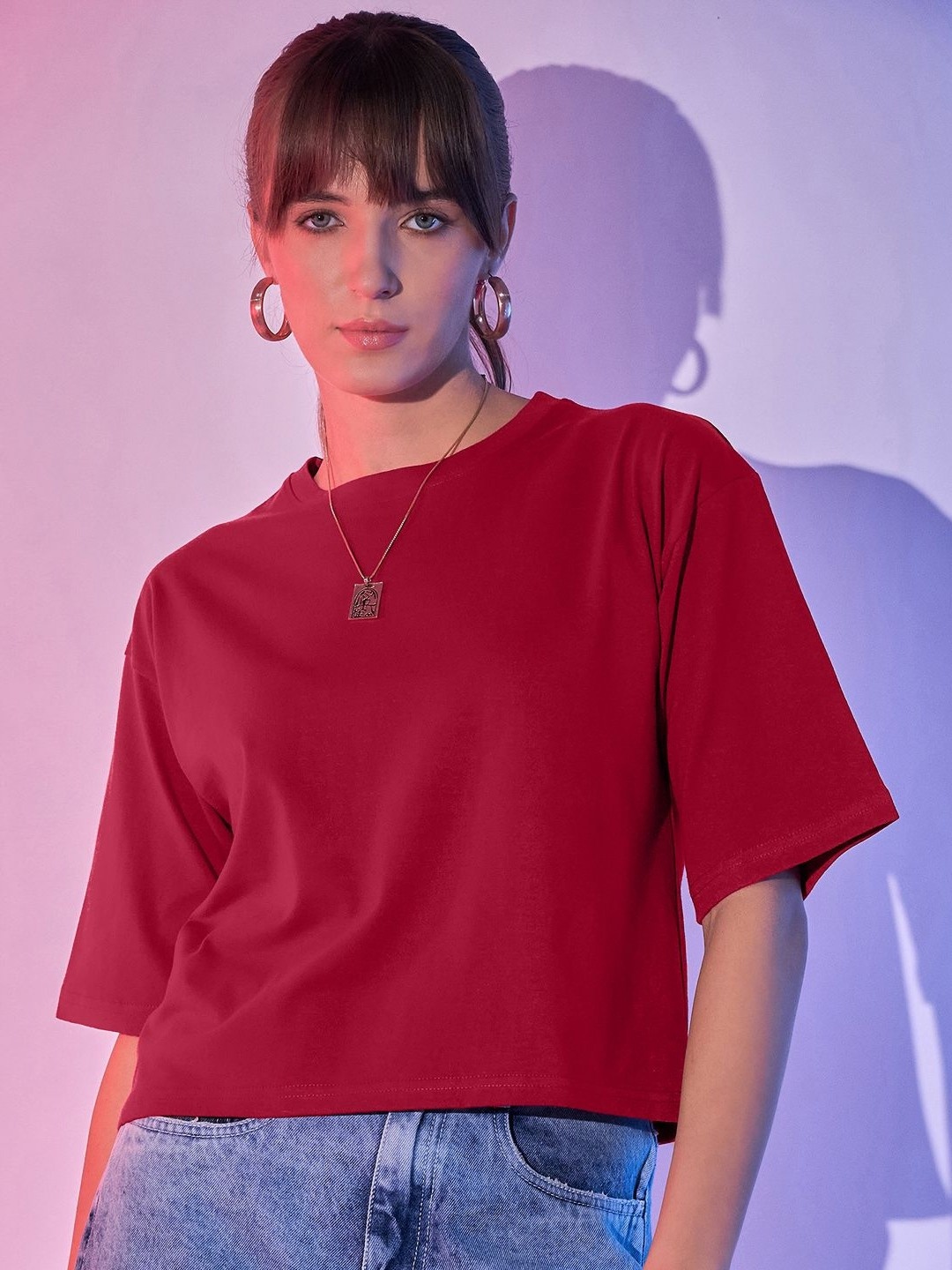 

DIMPY GARMENTS Women Raw Edge Boxy T-shirt, Maroon