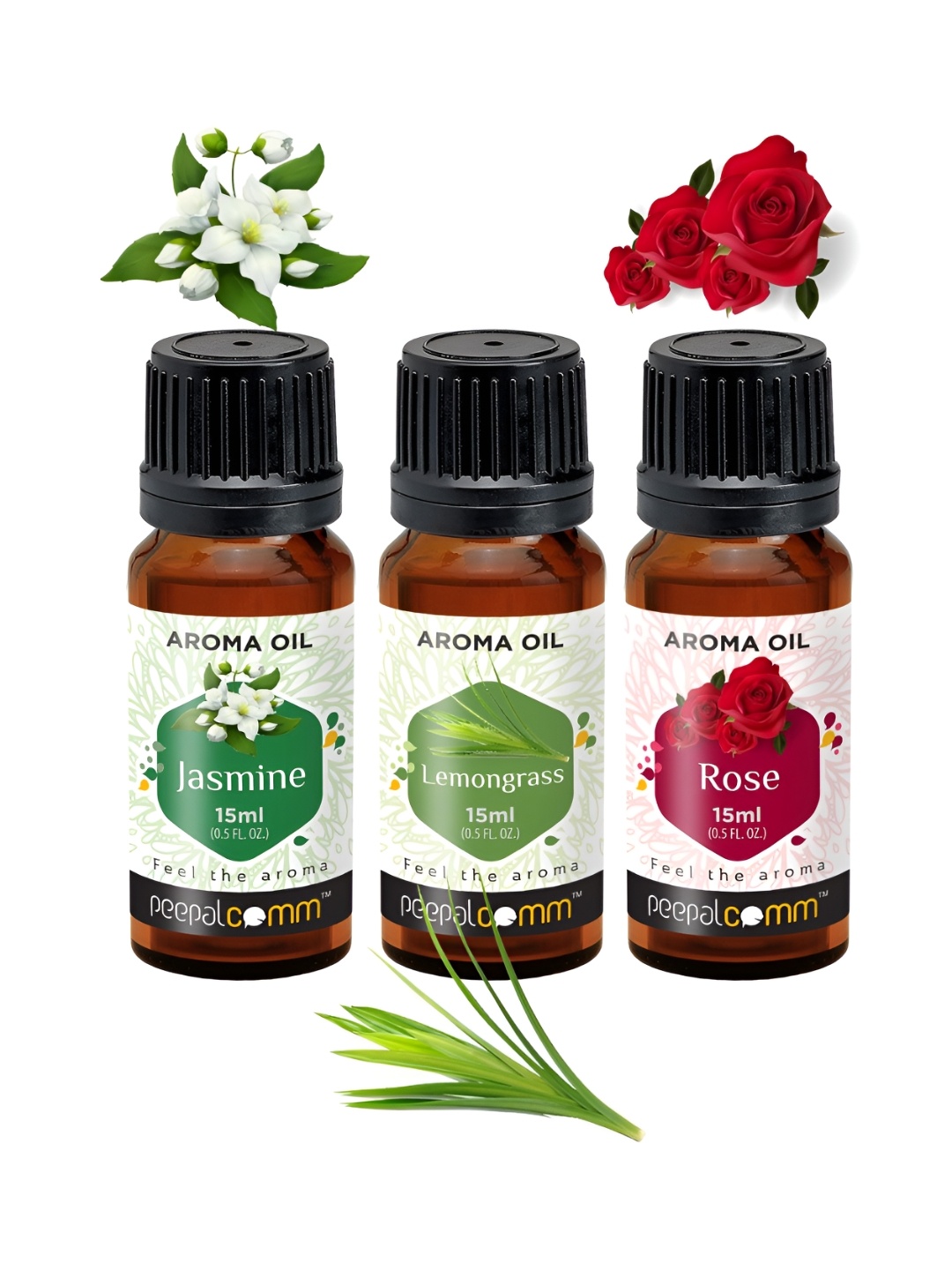 

PEEPALCOMM 3-Pcs Black Jasmine Lemongrass & Rose Aroma Oils - 15 ml