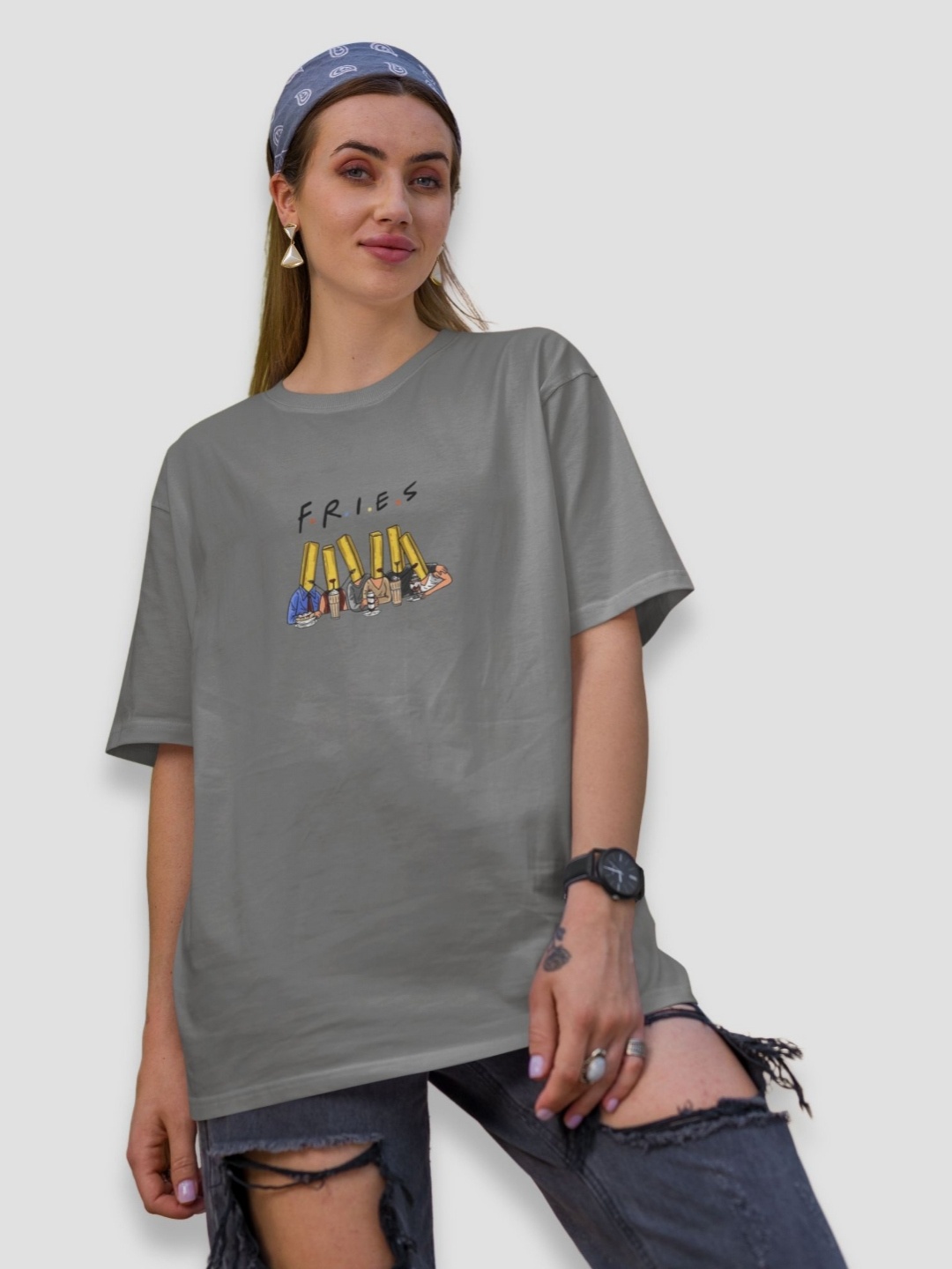 

TheBTclub Women Activchill Graphic Printed Round Neck Cotton Oversized T-shirt, Grey