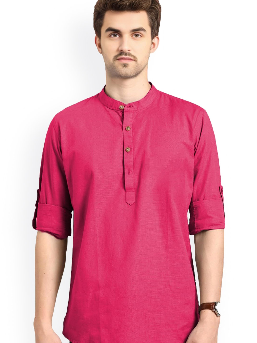 

Vida Loca Band Collar Rolled-Up Sleeves Pure Cotton Slim Fit Straight Short Kurta, Pink