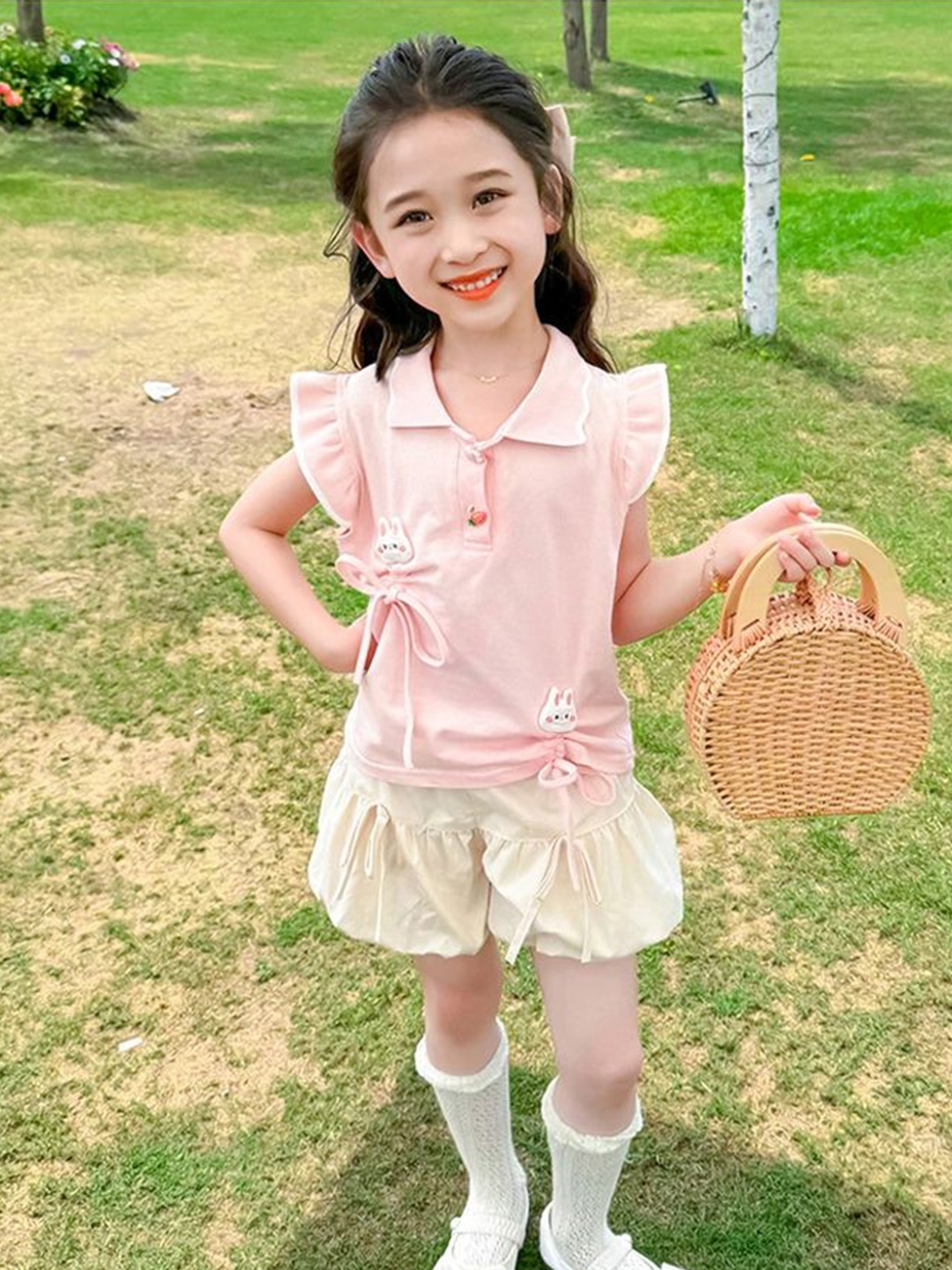 

LULU & SKY Girls Polo Collar Cotton Top With Shorts, Pink