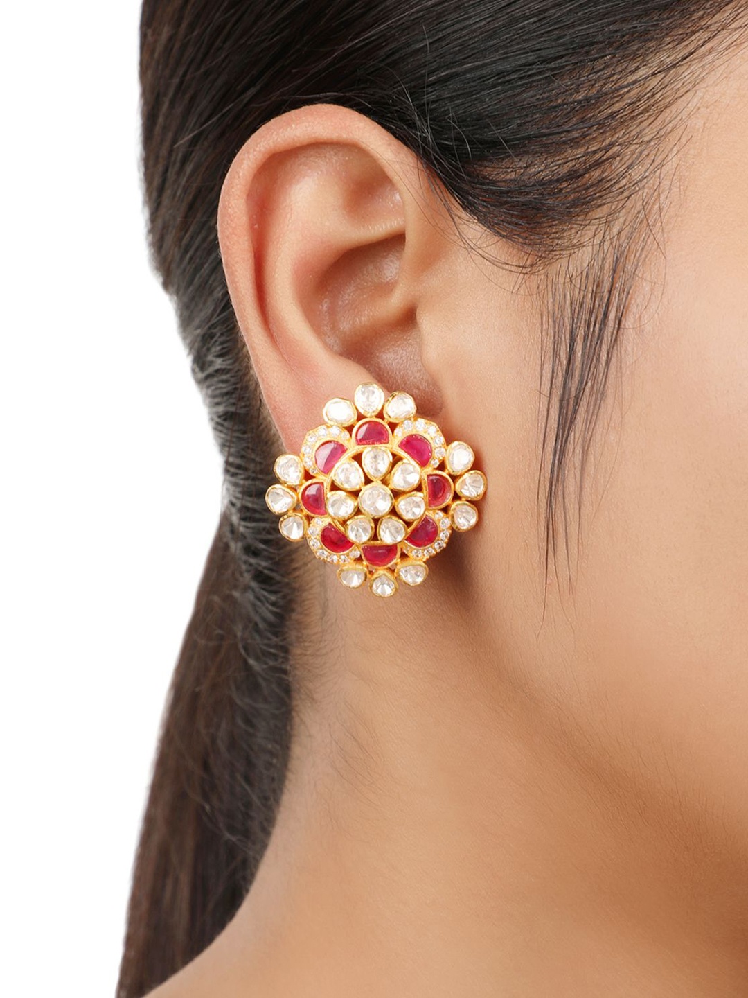 

Sica Jewellery Rhodium-Plated Sterling Silver Kundan Stones Studded Studs, Yellow
