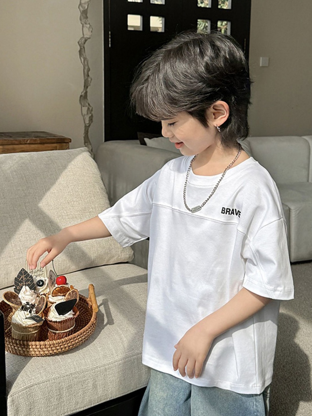 

LULU & SKY Boys Solid Round Neck Cotton Oversized T-shirt, White
