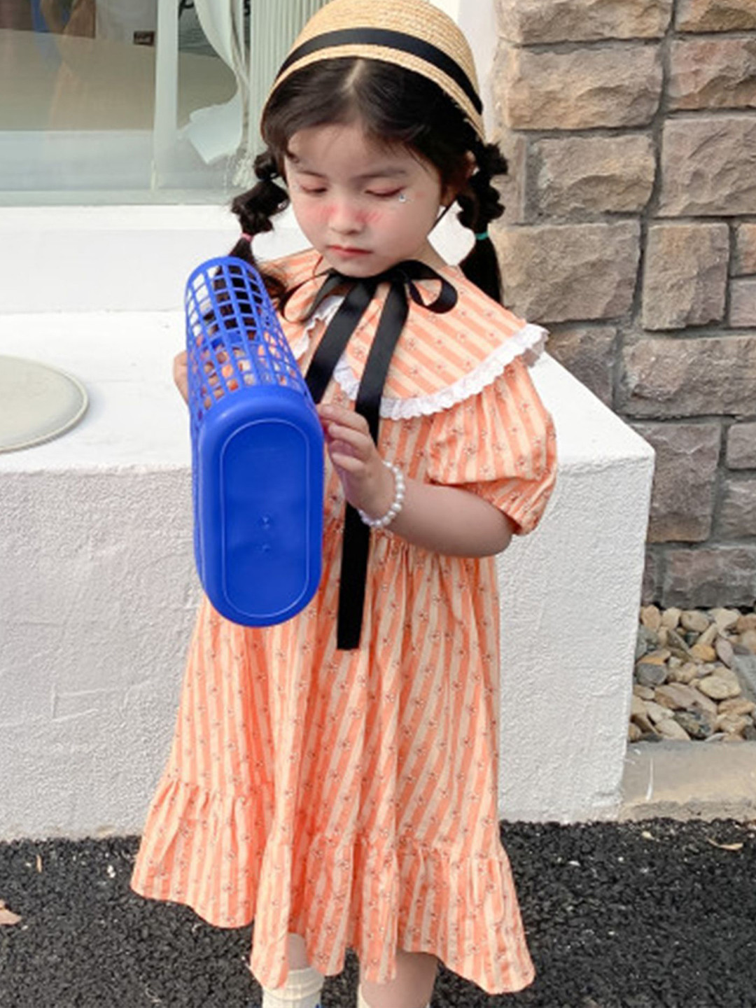 

LULU & SKY Girls Floral Printed Puff Sleeves A-Line Dress, Orange