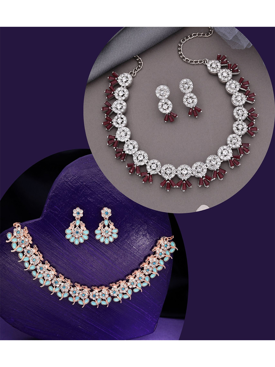

DIVASTRI Set Of 2 Rose Gold & Silver-Plated American Diamonds Studded Jewellery Set
