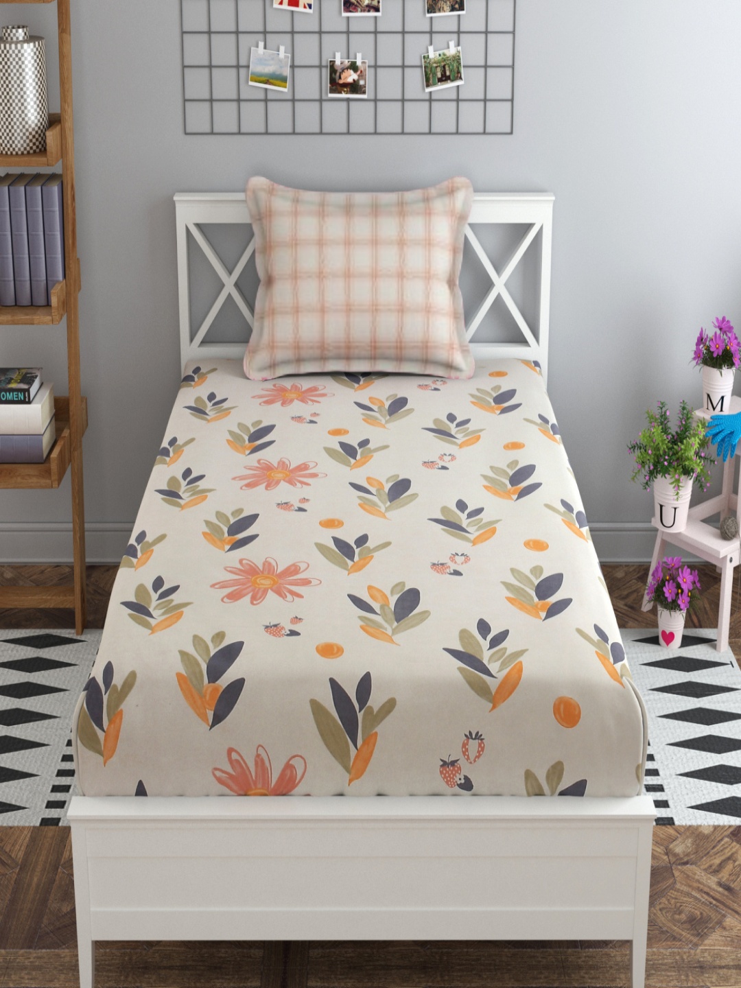 

MAFATLAL Luxe-Single Beige Floral Printed MIcrofiber 120 TC Single Bedsheet Set