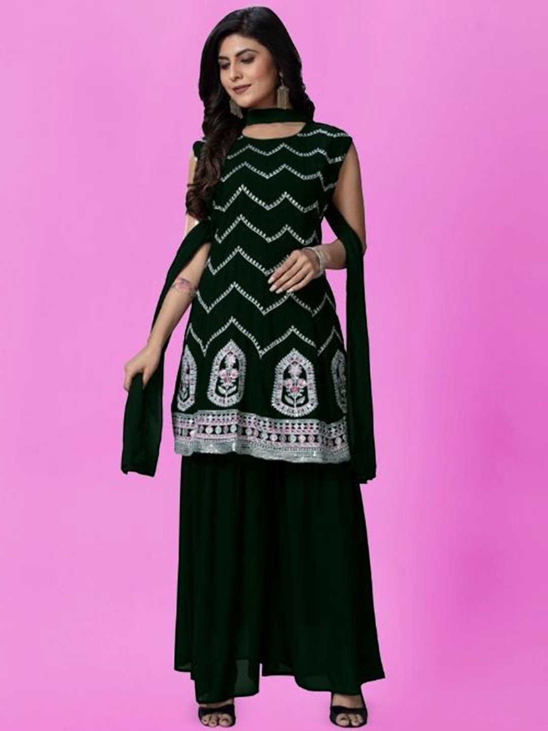 

PARROT CREATION Chevron Embroidered Georgette A-Line Kurti With Palazzo And Dupatta, Green