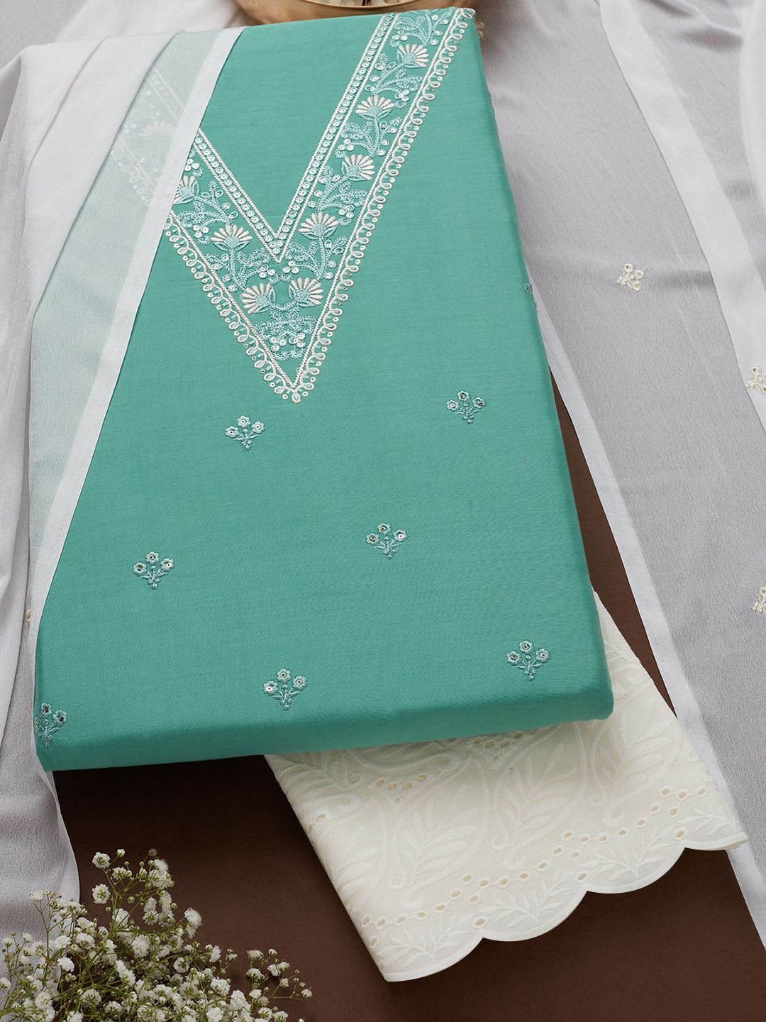 

Soch Floral Embroidered Sequinned Modal Silk Unstitched Dress Material, Turquoise blue