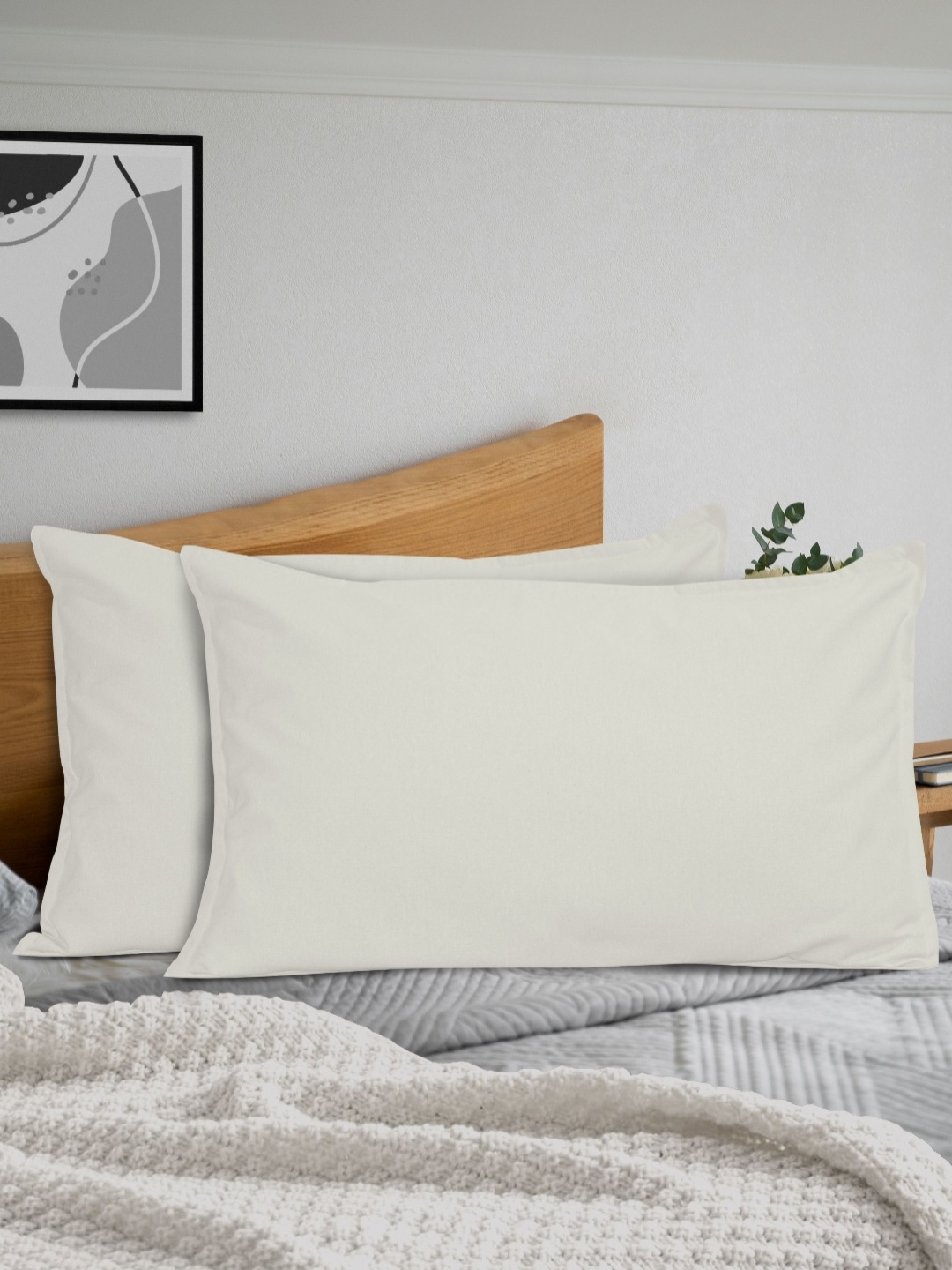 

HOME COLORS.IN Cream-Coloured 2 Pieces Solid Pure Cotton Rectangle Pillow Covers