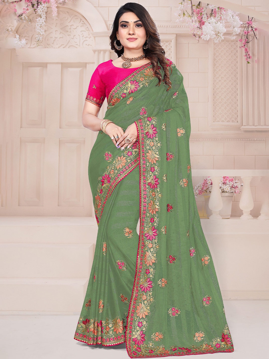 

KHRITI FAB Embellished Embroidered Silk Blend Saree, Olive