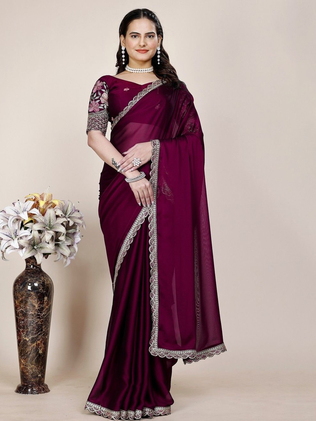 

K 5 Fashion Embroidered Pure Chiffon Saree, Purple