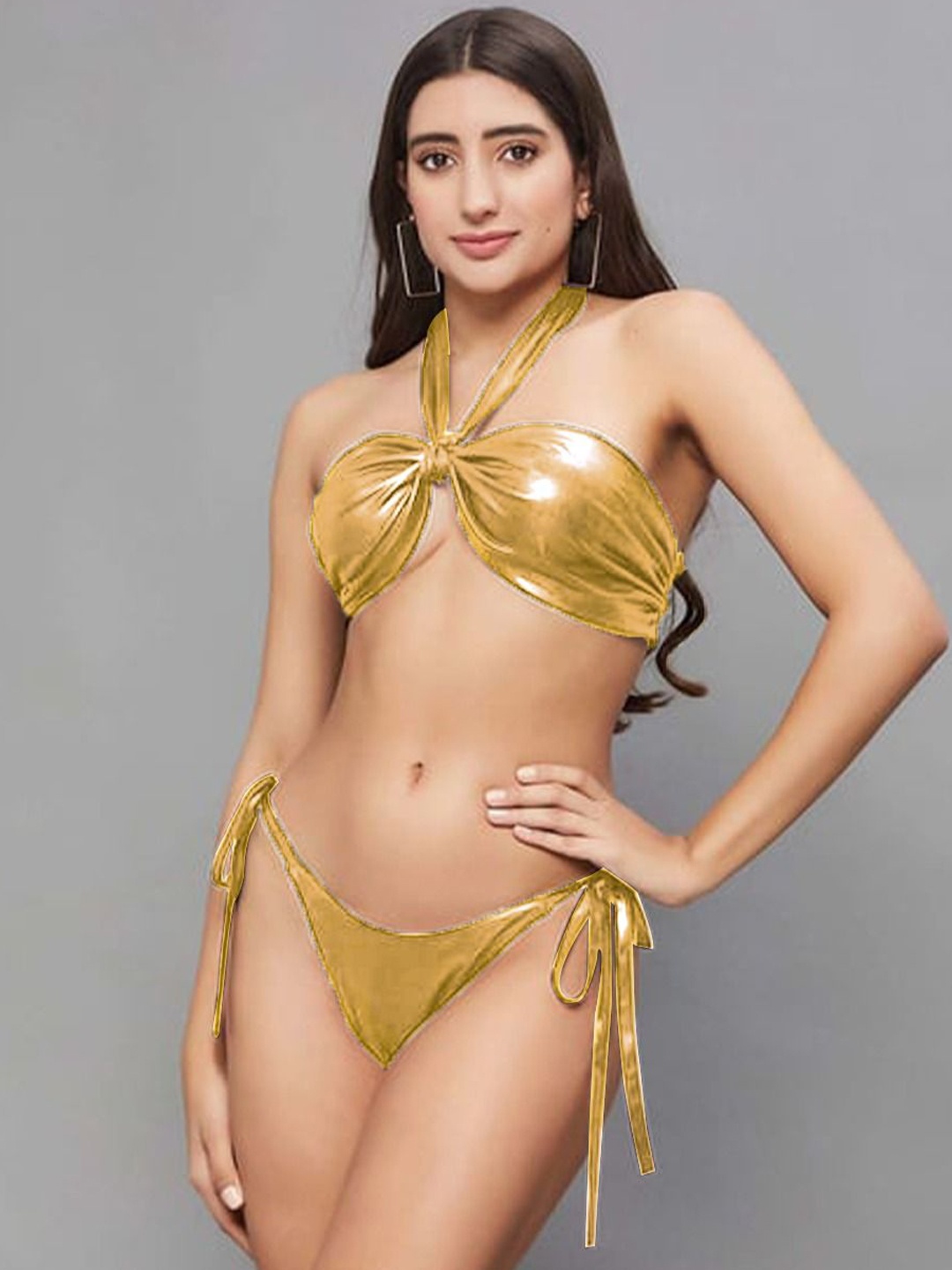 

FIMBUL Halter Neck Tie Ups Bikini Set, Gold