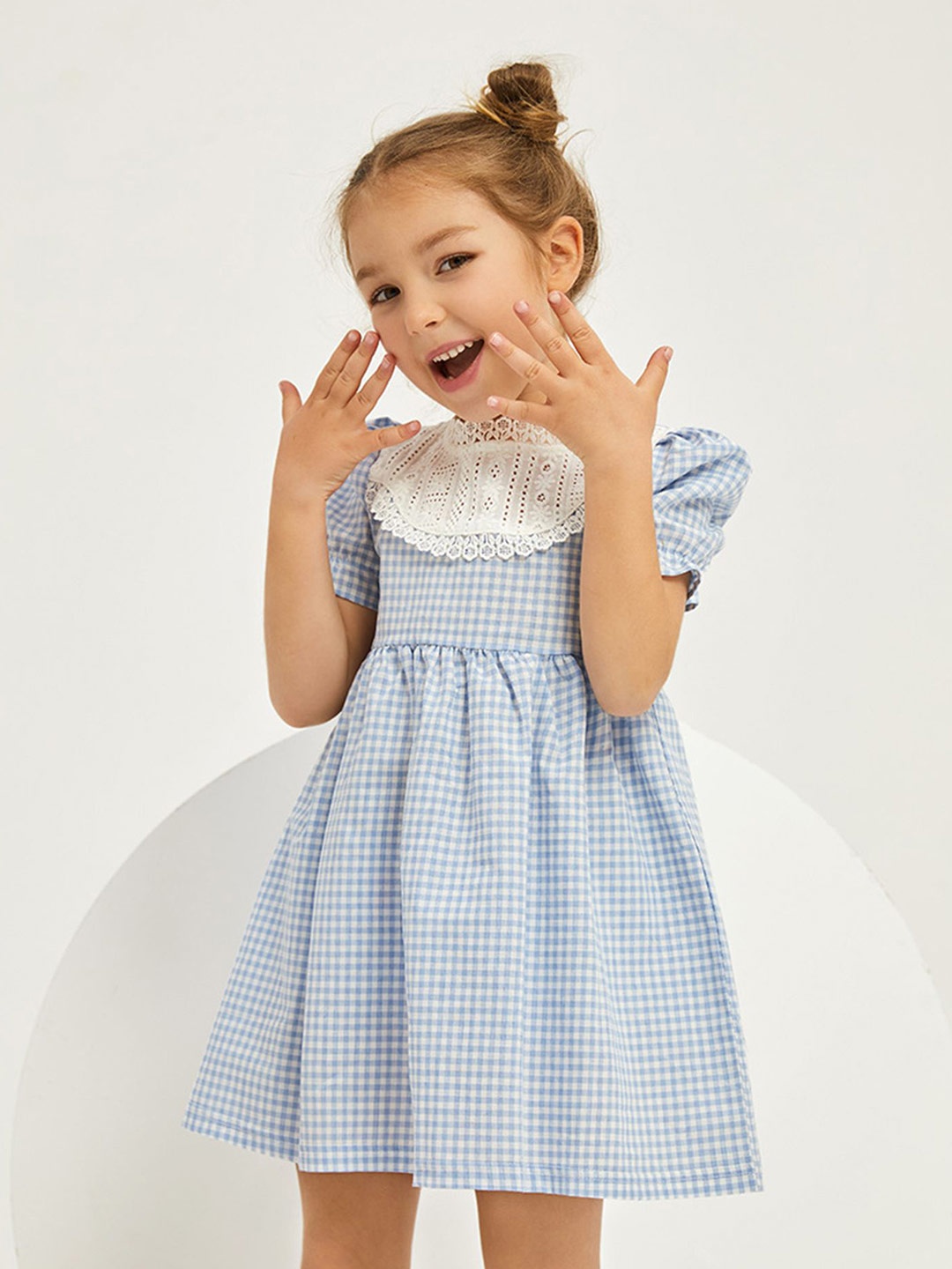 

LULU & SKY Girls Checked Fit & Flare Puff Sleeves Dress, Blue