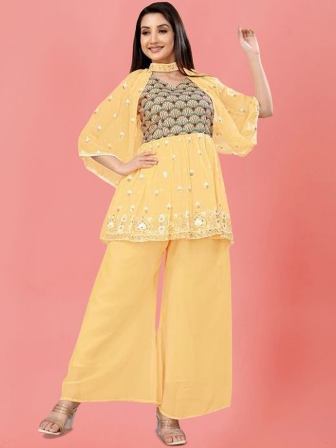 

PARROT CREATION Floral Embroidered V-Neck Sequinned A-Line Kurti With Palazzo And Cape, Yellow