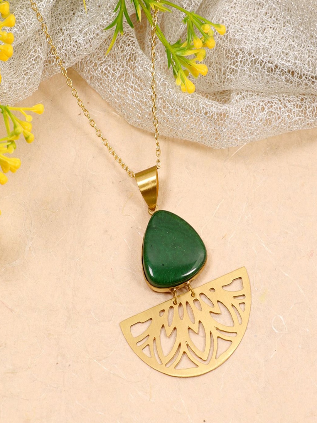 

Sangria Gold-Plated Tarnish-Free Emerald Stone Studded Pendant Necklace