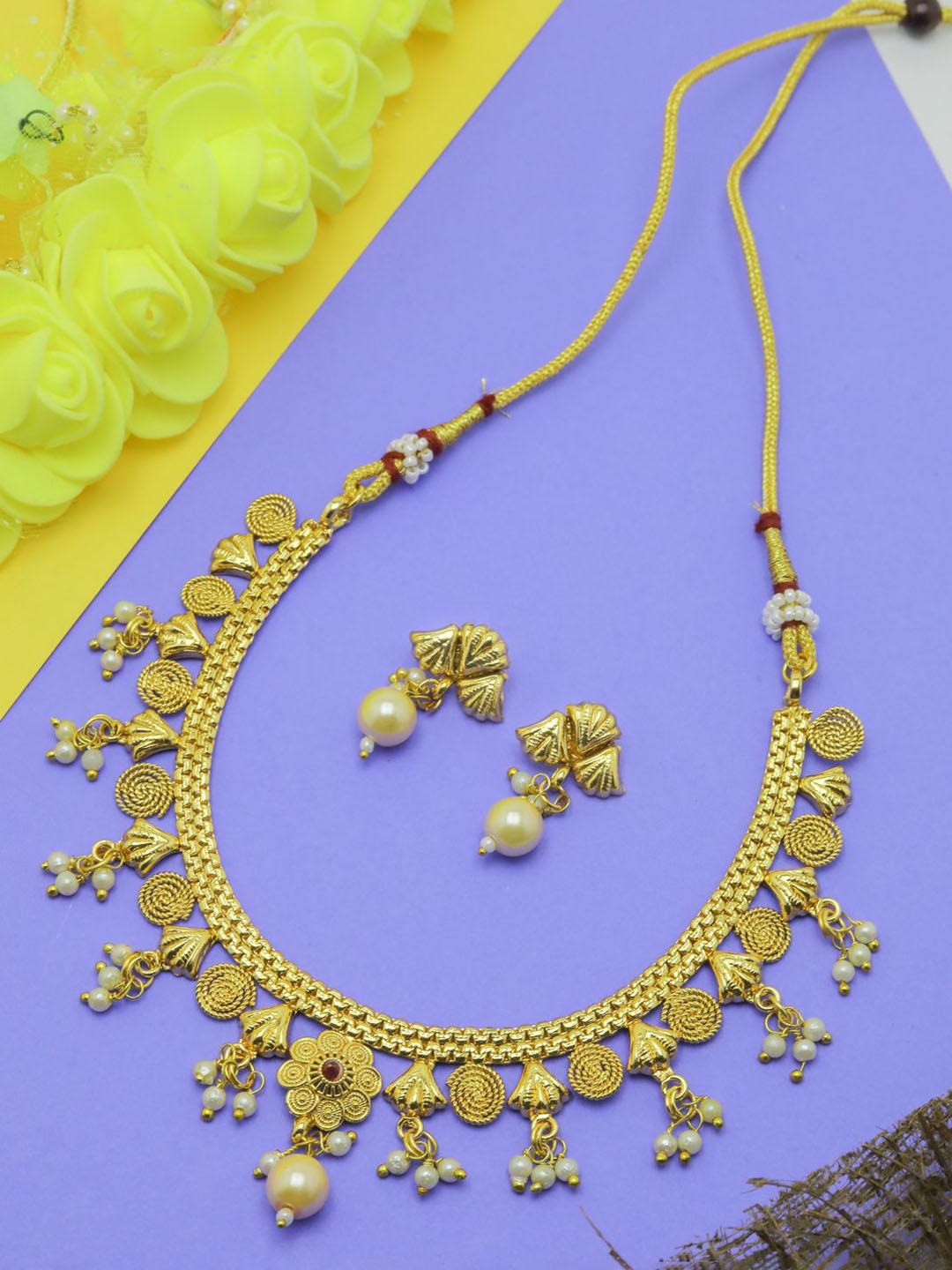 

ROFARWORD Gold Plated Cubic Zirconia Stones Studded & Beaded Jewellery Set