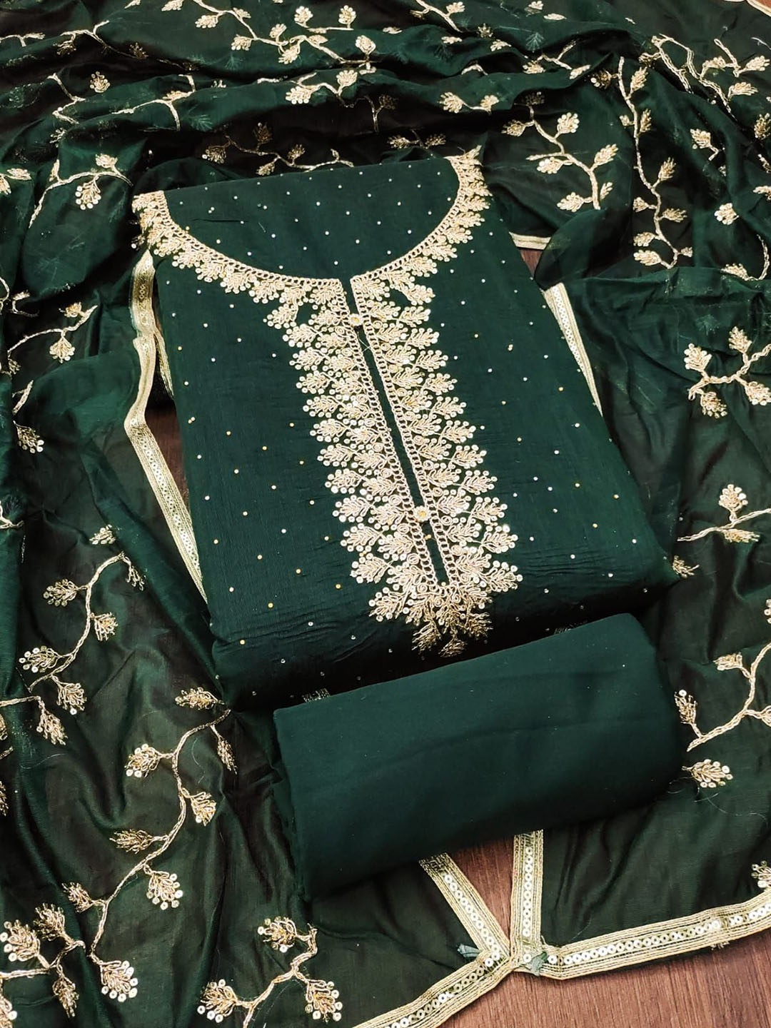 

RUDRAA FAB Floral Embroidered Sequinned Unstitched Dress Material, Green