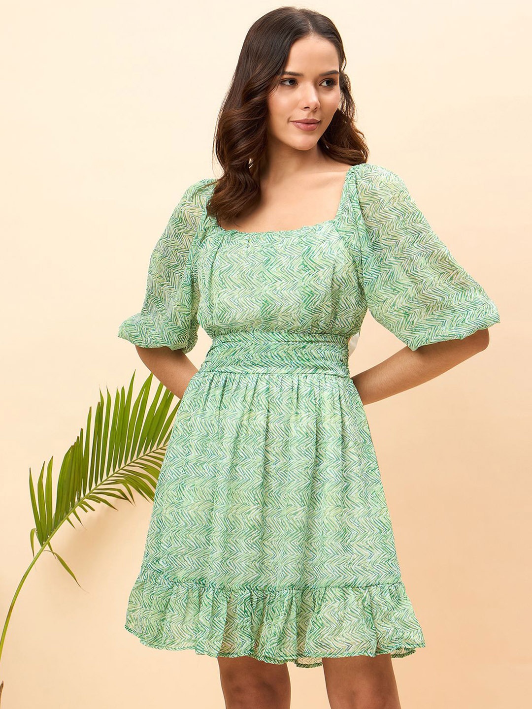 

JUNE & HARRY Floral Print Puff Sleeve Chiffon Fit & Flare Dress, Green