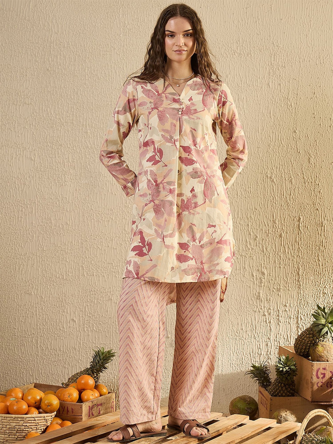 

SANSKRUTIHOMES Printed Pure Cotton Tunic & Trouser Co-Ord Set, Pink