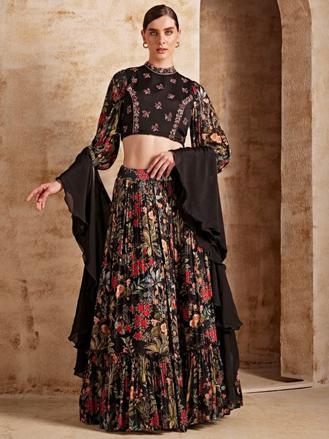 

Neerus Embroidered Zari Work Ready To Wear Lehenga With Blouse And Dupatta, Black