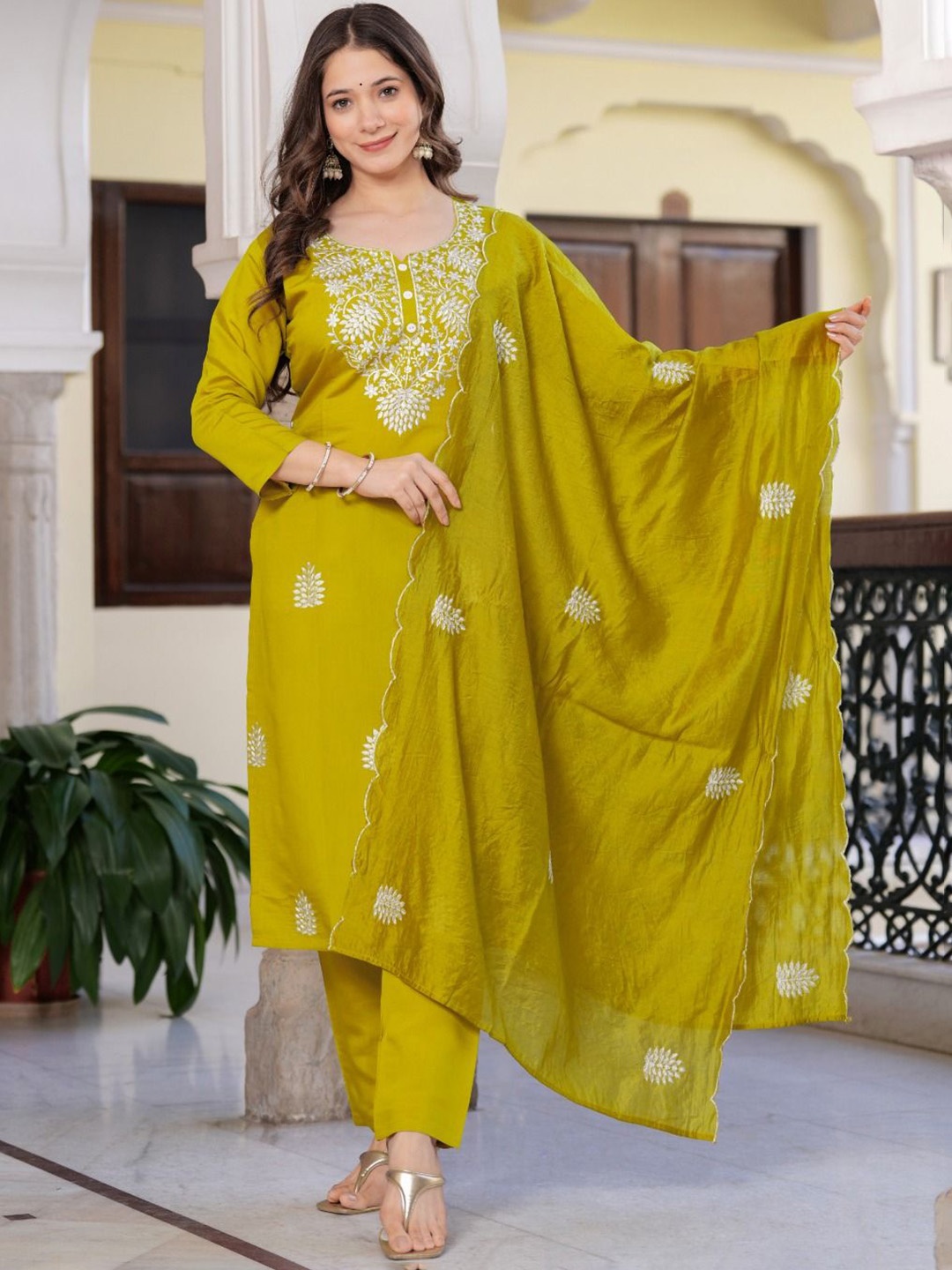 

HETVI CREATION Ethnic Motifs Embroidered Thread Work A-Line Kurta with Trousers & Dupatta, Mustard