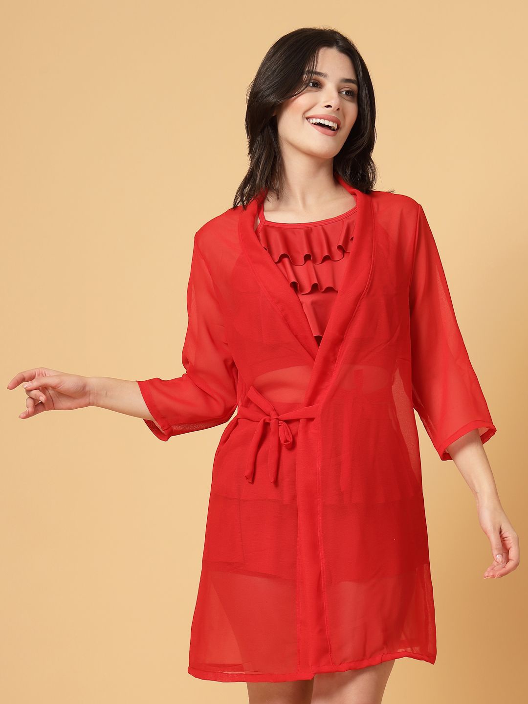 

CUKOO Women Solid Swimwear Cover Up Shrug, Red