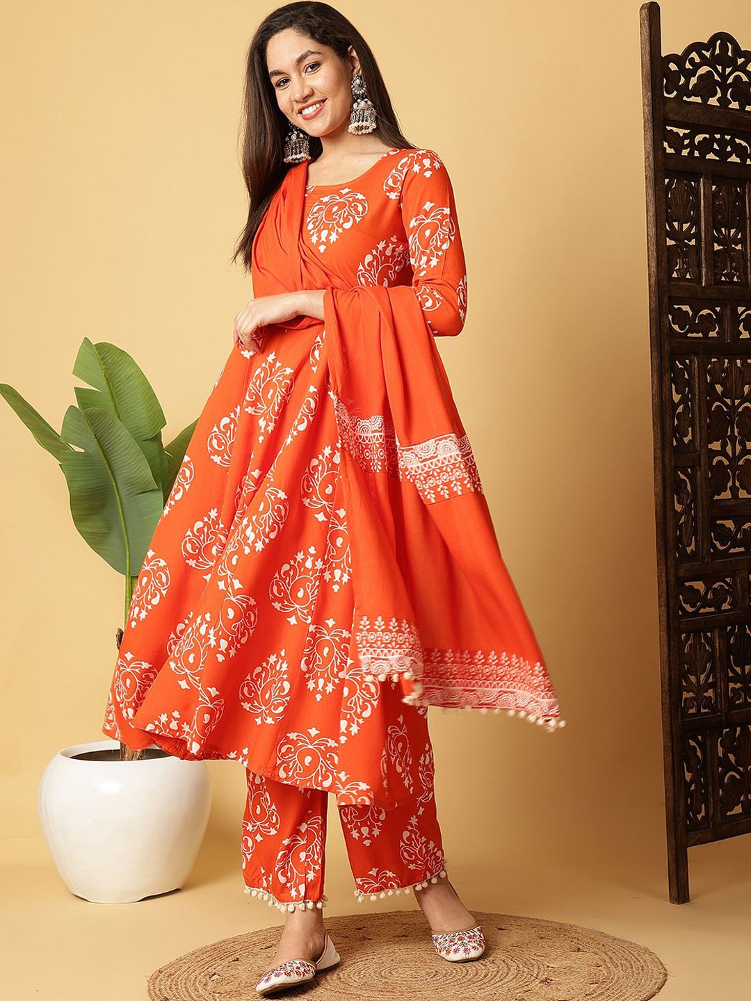 

KALINI Floral Printed Anarkali Kurta With Palazzos And Dupatta, Orange