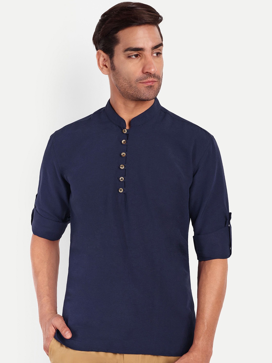 

LIFE ROADS Mandarin Collar Cotton Straight Short Kurta, Navy blue