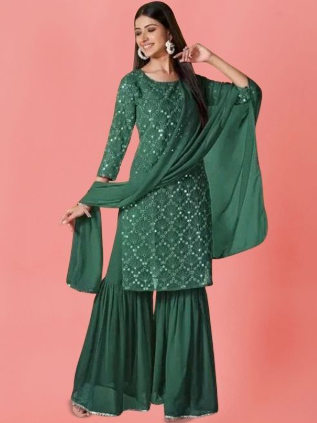 

PARROT CREATION Embroidered Straight Sequinned Kurta With Sharara And Dupatta, Green