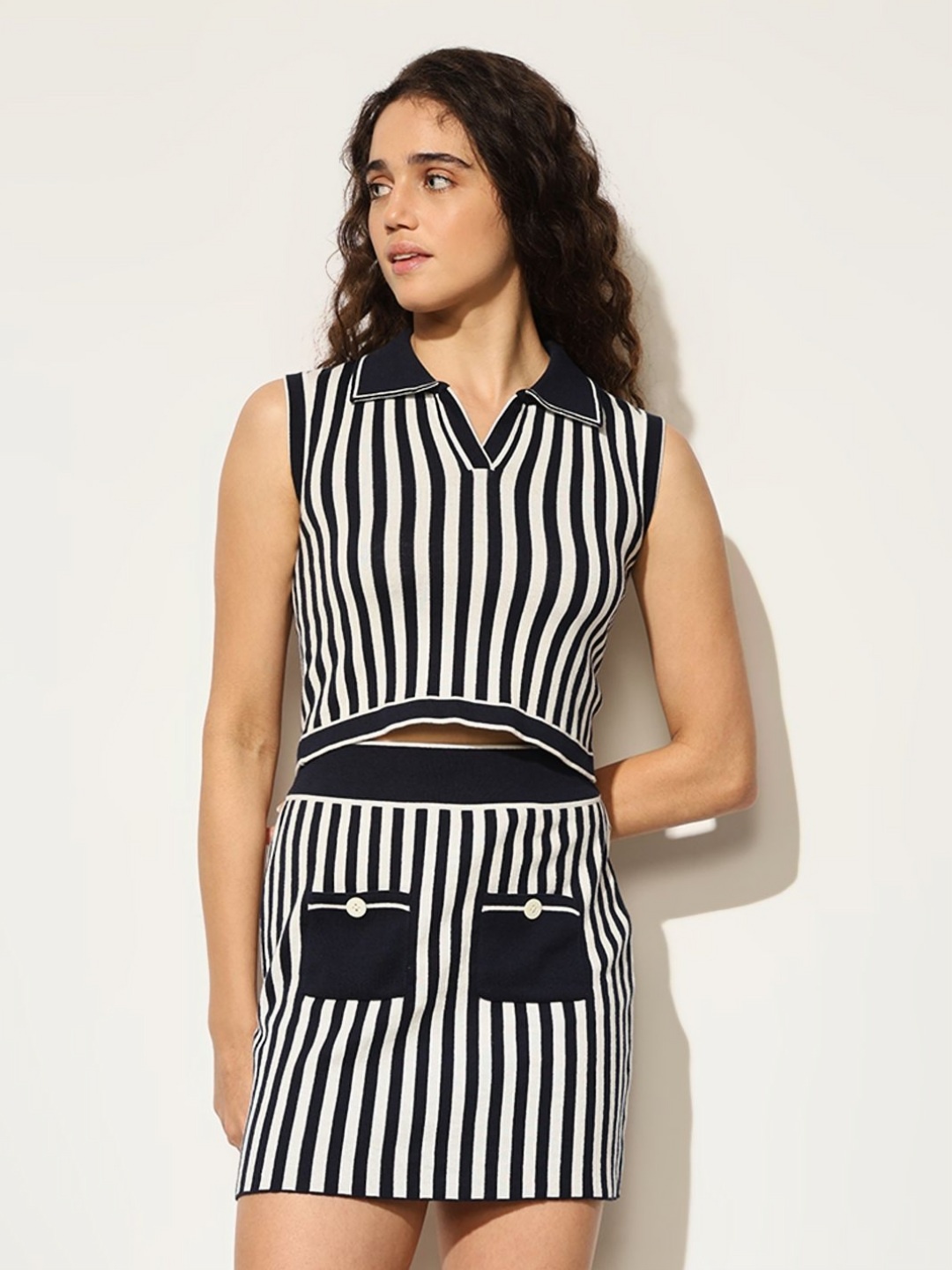 

ONLY Women Striped Polo Collar Cotton Slim Fit T-shirt, Navy blue