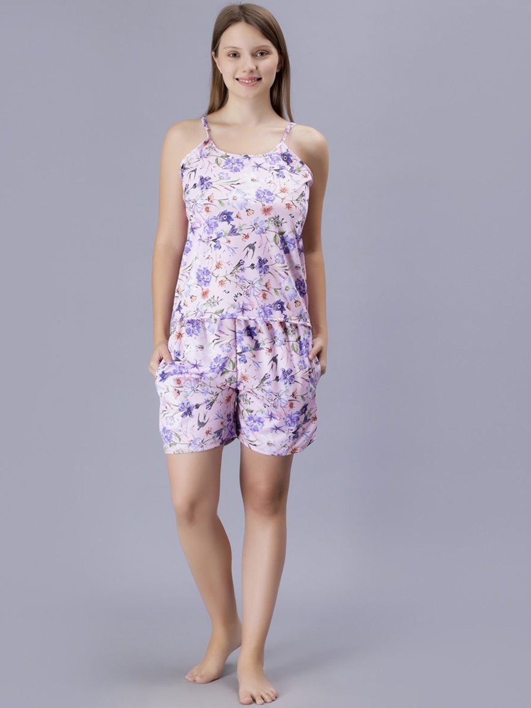

XPIOX Floral Printed Shoulder Strap Neck Night Suit, Pink