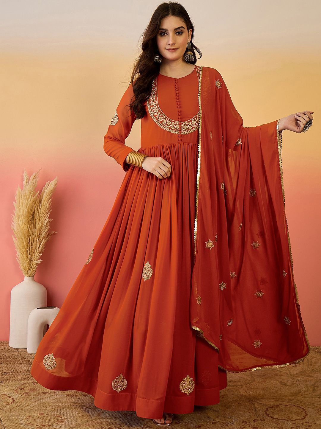 

Sangria Floral Embroidered Empire Georgette Anarkali Kurta With Trouser & Dupatta, Orange