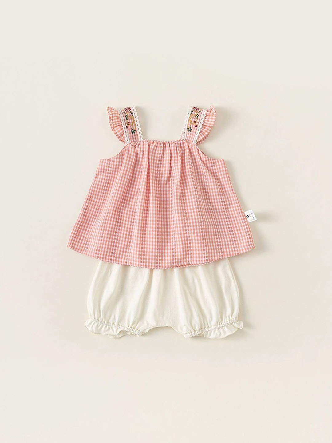 

LULU & SKY Girls Checked Shoulder Straps Pure Cotton Top With Shorts, Pink