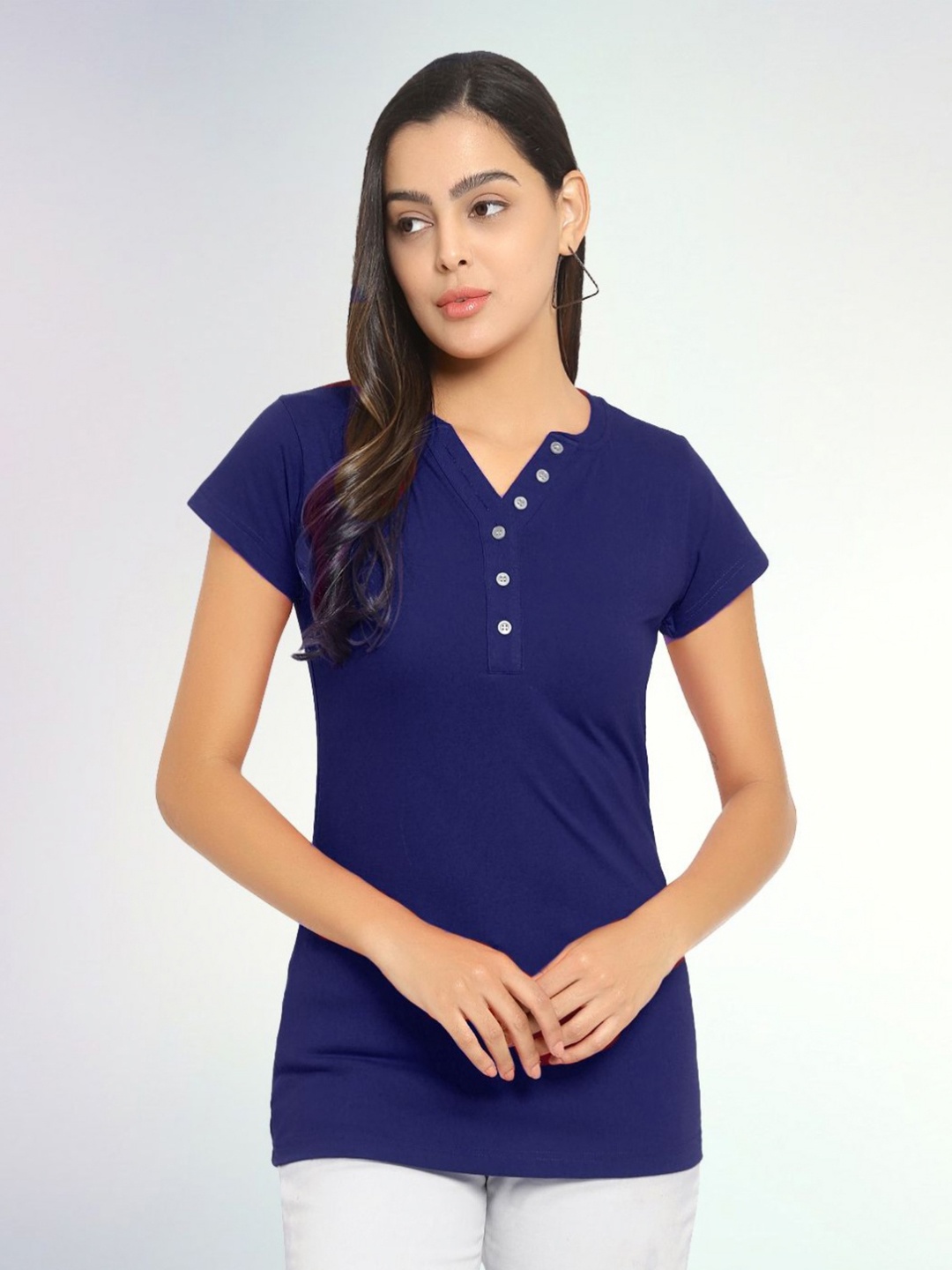 

Boldwink Women Solid V-Neck Cotton T-shirt, Blue