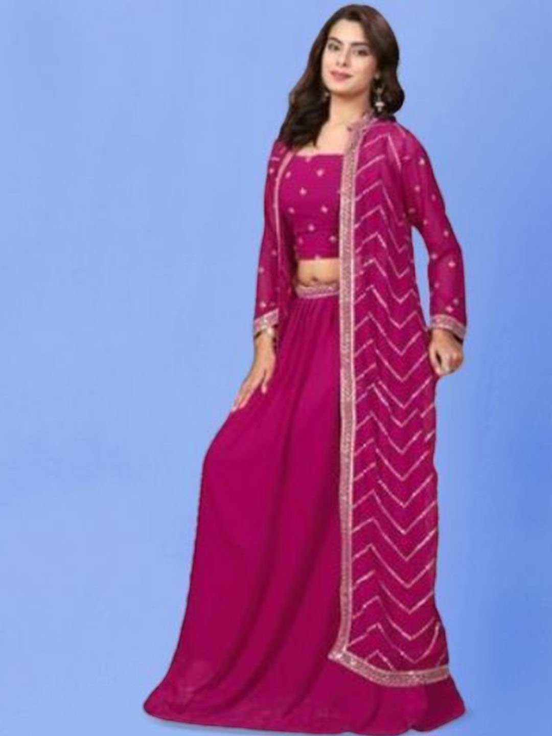 

PARROT CREATION Floral Embroidered Crop Top With Shrug & Skirt, Pink