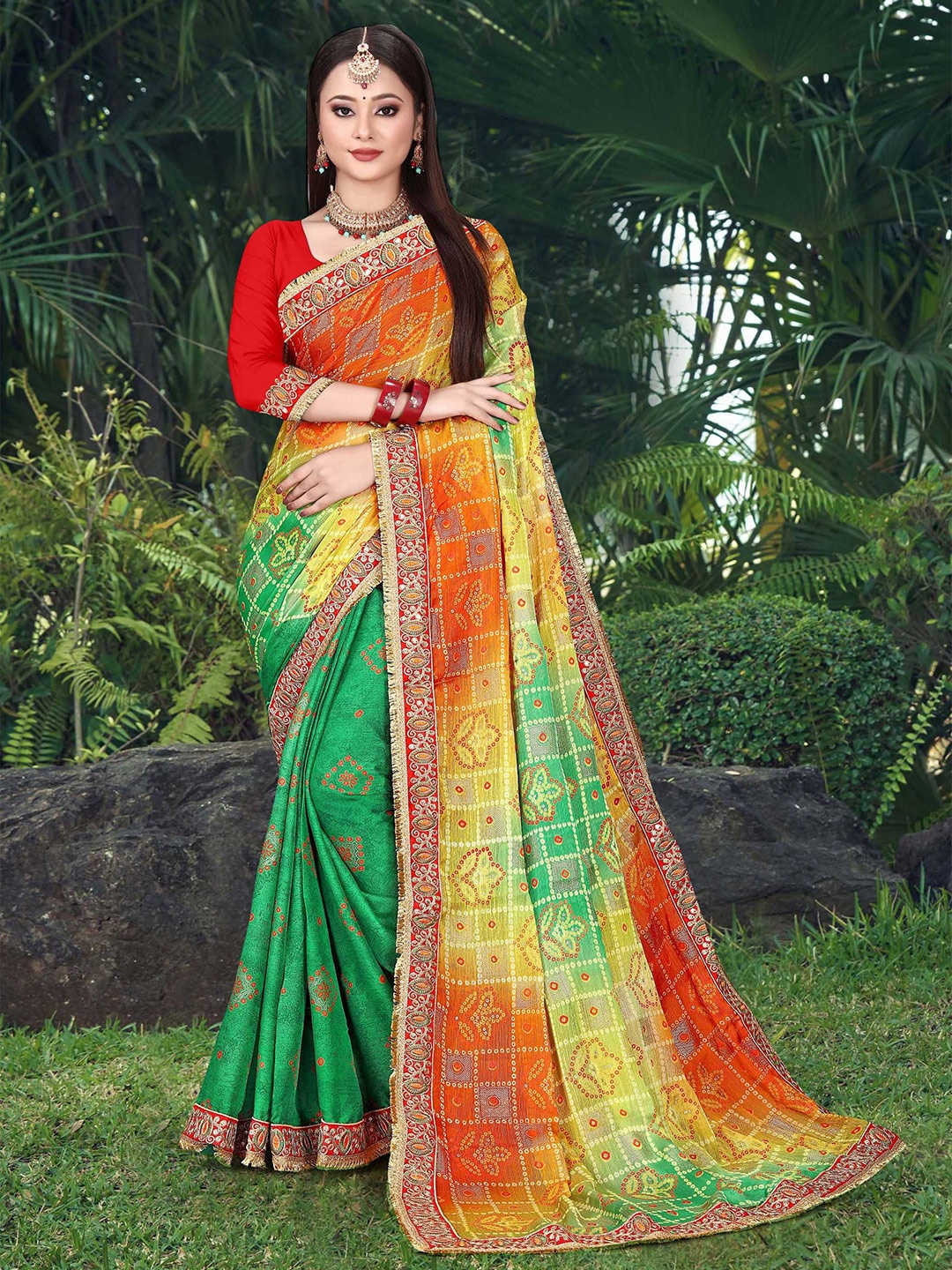 

DIVASTRI Bandhani Embroidered Poly Chiffon Half and Half Bandhani Saree, Green