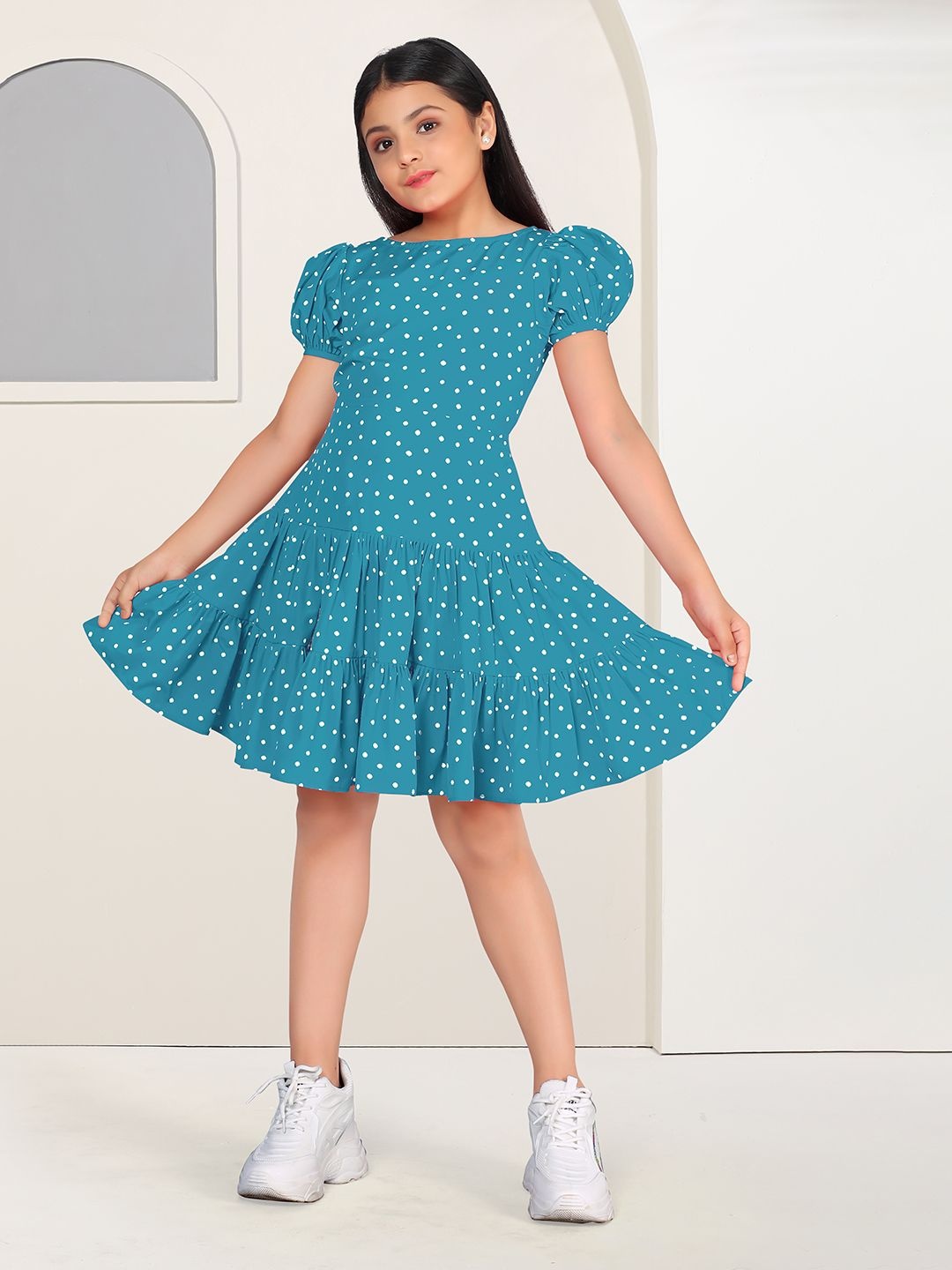 

YK Polka Dot Print Puff Sleeve Fit & Flare Dress, Blue