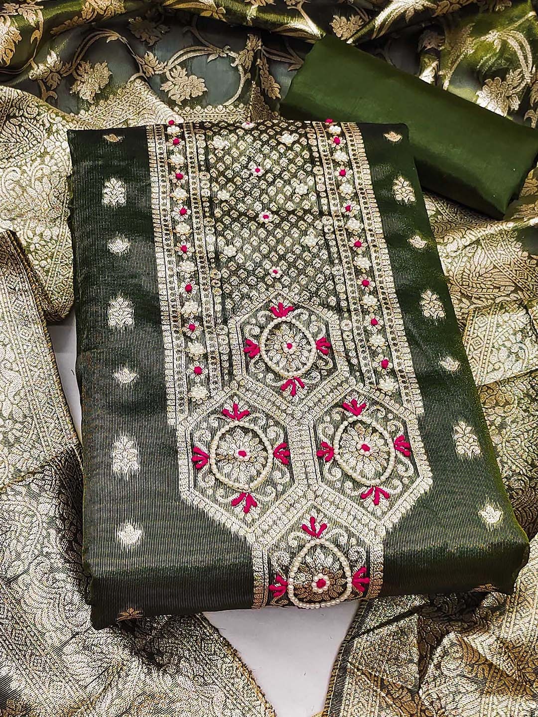

SAINOOR Floral Woven Design Zari Banarasi Semi-Stitched Dress Material, Green