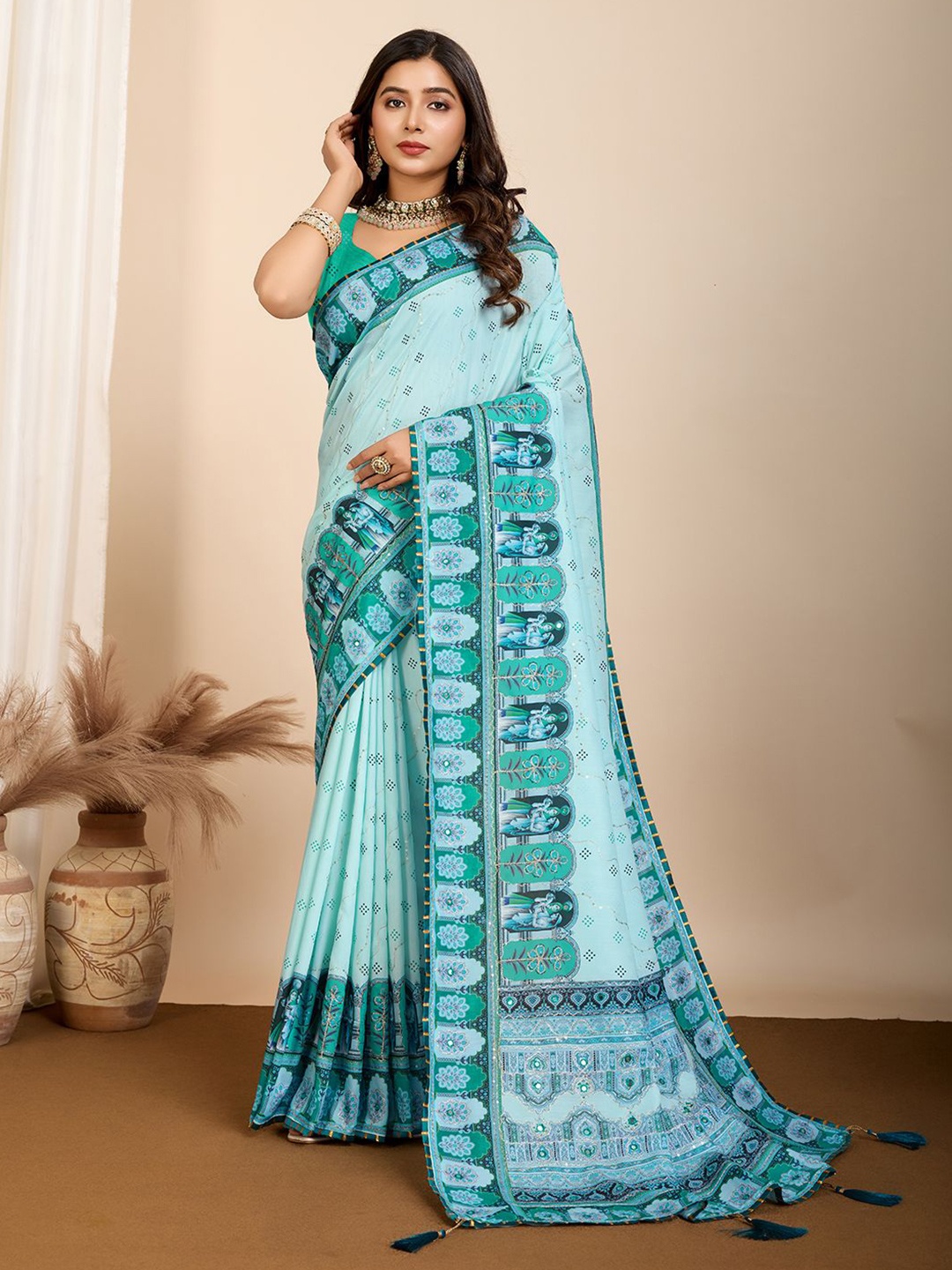 

Sarvada Ethnic Motifs Mirror Work Pure Cotton Saree, Blue