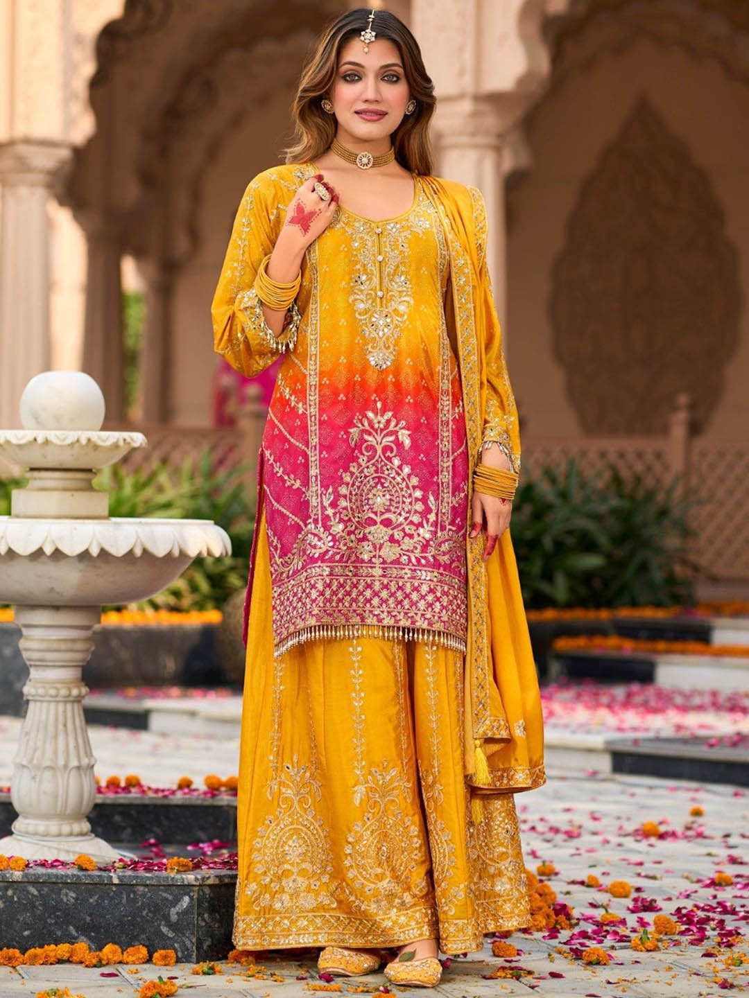 

AUTUMN LANE Chaitali Amber Floral Embroidered Straight Kurti With Palazzos & Dupatta, Yellow