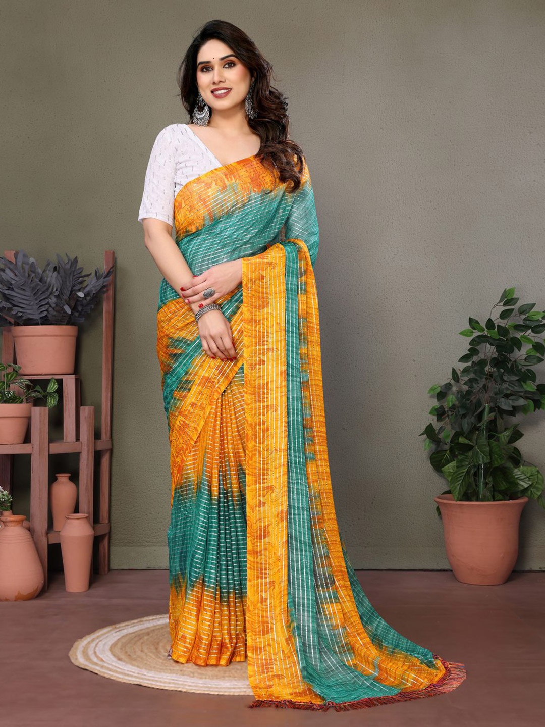 

SILKWEAR Pure Georgette Block Print Saree, Sea green