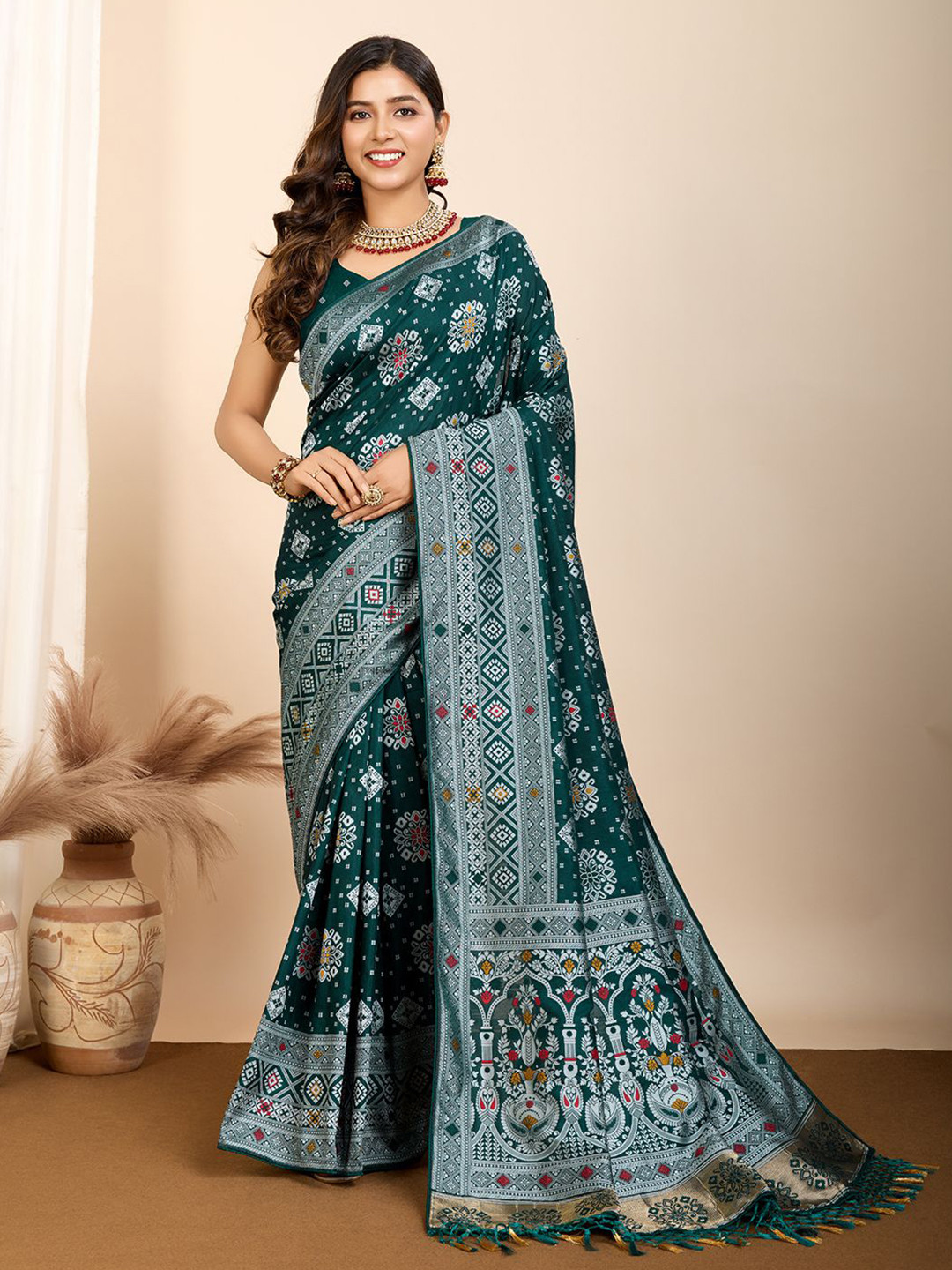 

Nimidiya Woven Design Zari Pure Silk Patola Saree, Teal