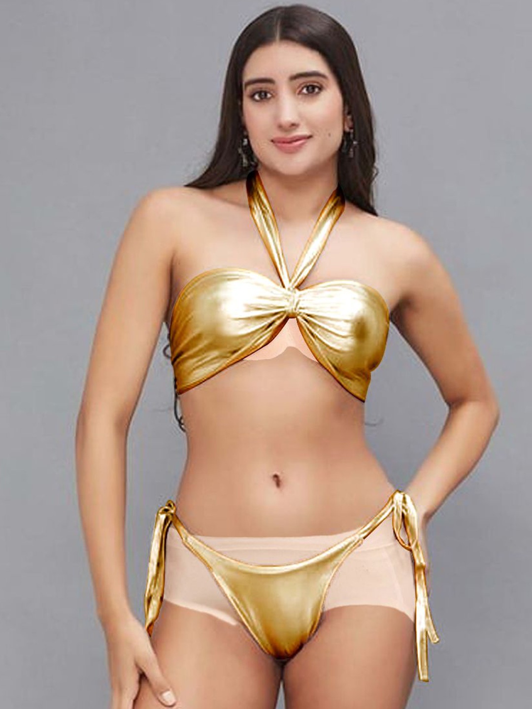 

Krelin Halter Neck Tie Ups Bikini Set, Gold