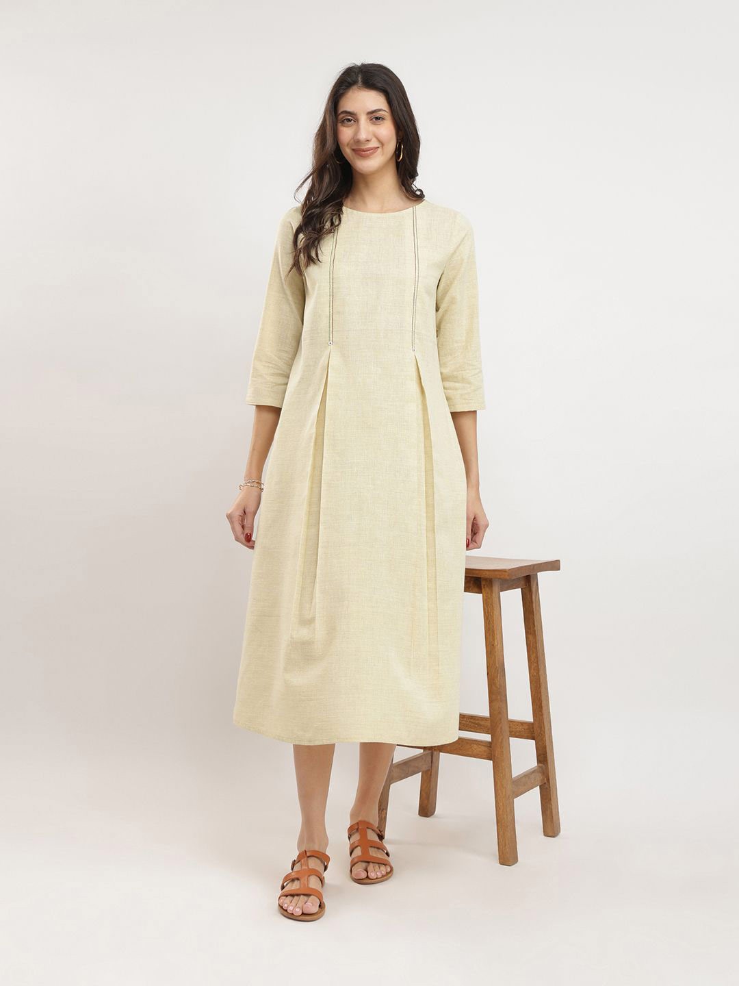 

Pink Fort Women Cotton A-Line Midi Dress, Cream