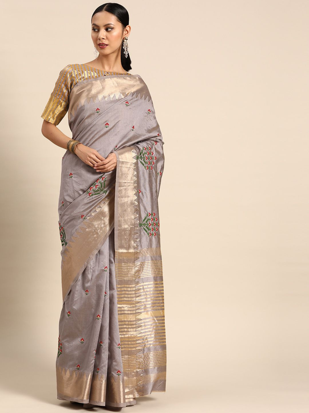 

DIVASTRI Woven Design Embroidered Silk Cotton Banarasi Saree, Grey