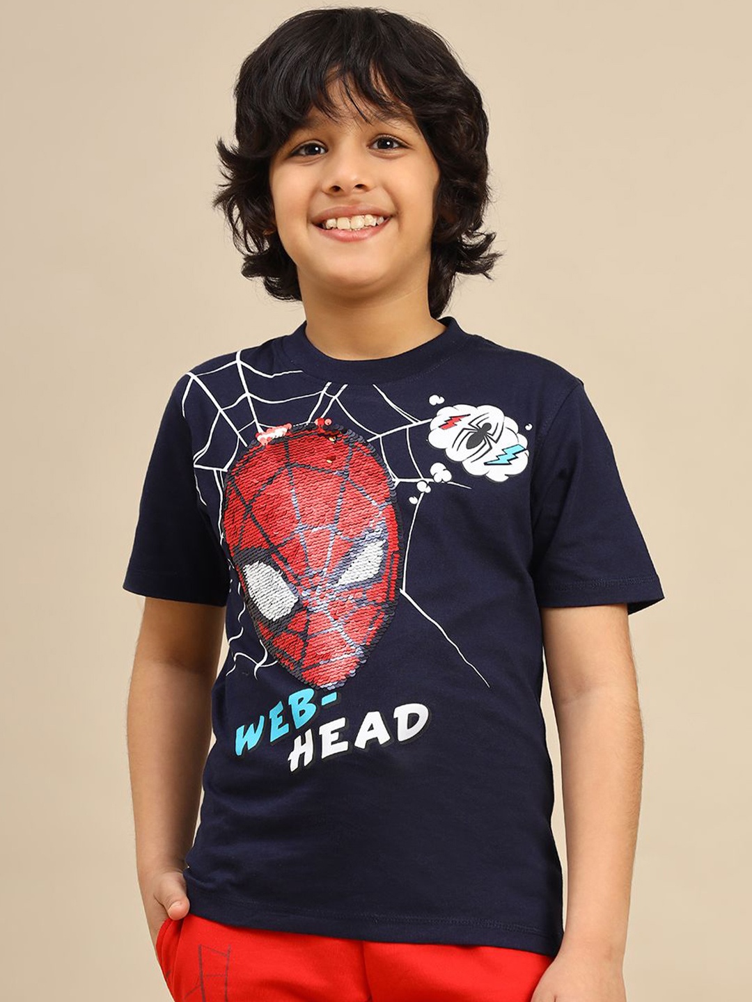 

Kids Ville Boys Spiderman Printed Short Sleeves Pure Cotton Reversible Sequin T-Shirt, Navy blue
