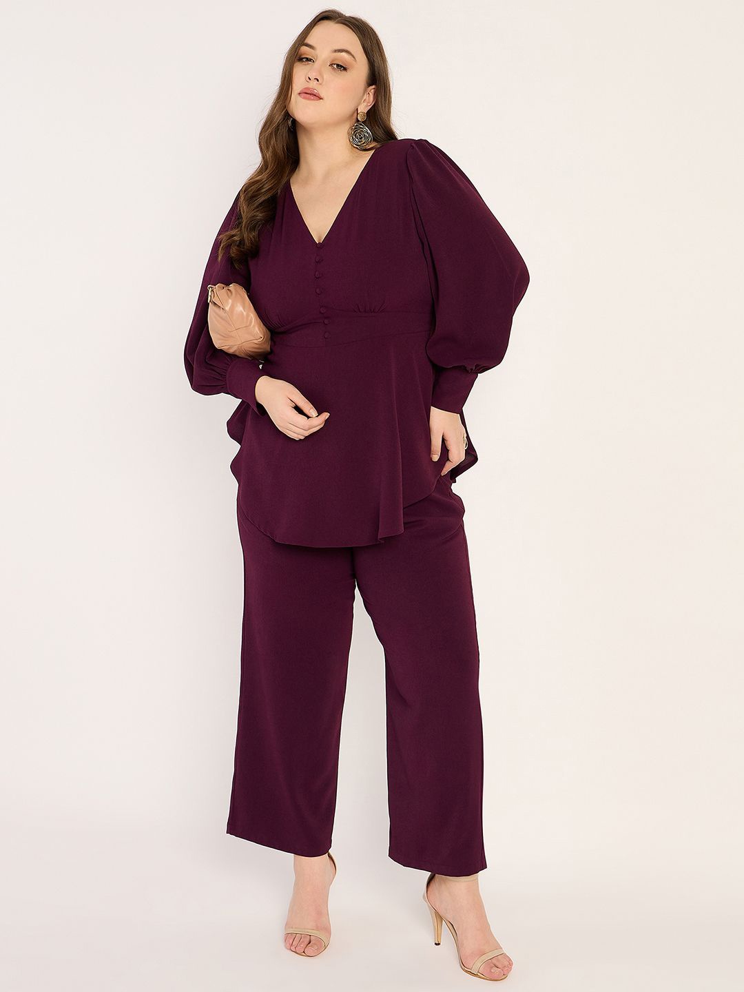 

FEMMELLA Plus Size V-Neck Puffed Sleeves Top & Trousers, Maroon