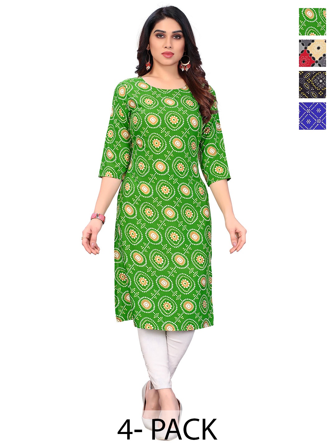 

KETAKI FASHION Selection Of 4 Geometric Printed Round Neck Straight Kurtas, Green