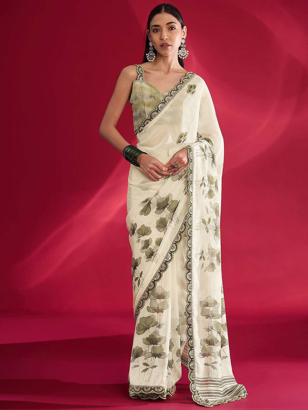 

all about you Floral Sequinned Poly Georgette Muga Saree, Off white