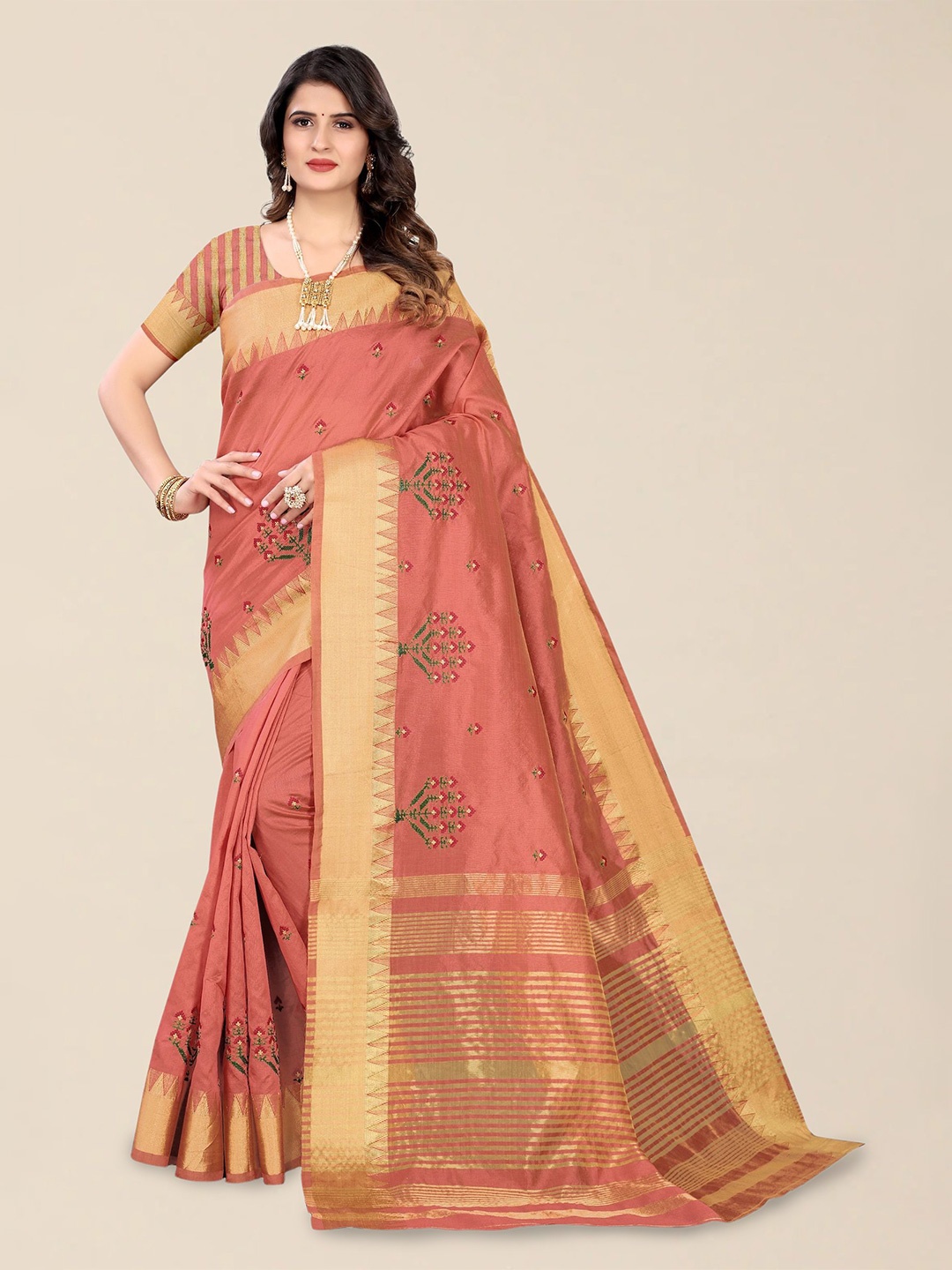 

DIVASTRI Woven Design Embroidered Silk Cotton Banarasi Saree, Pink